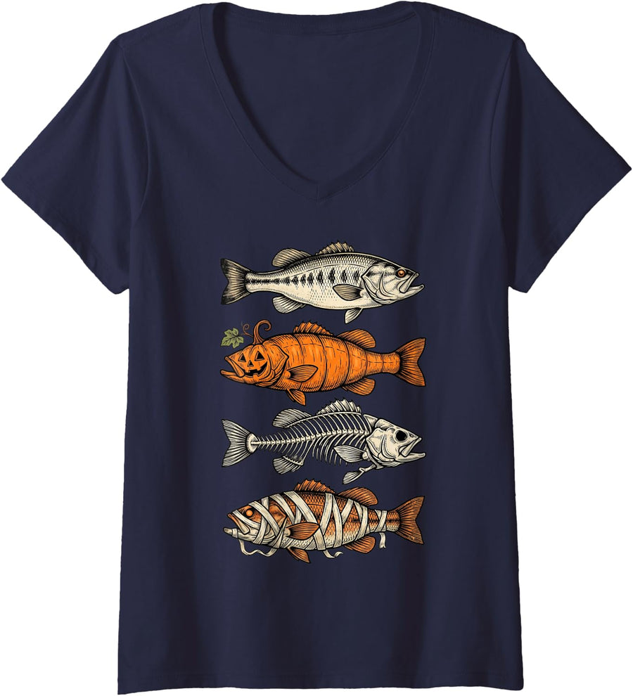 Women's Halloween Trout Fish Ghost Pumpkin Skeleton Mummy Fishing V-Neck T-Shirt - Navy Blue