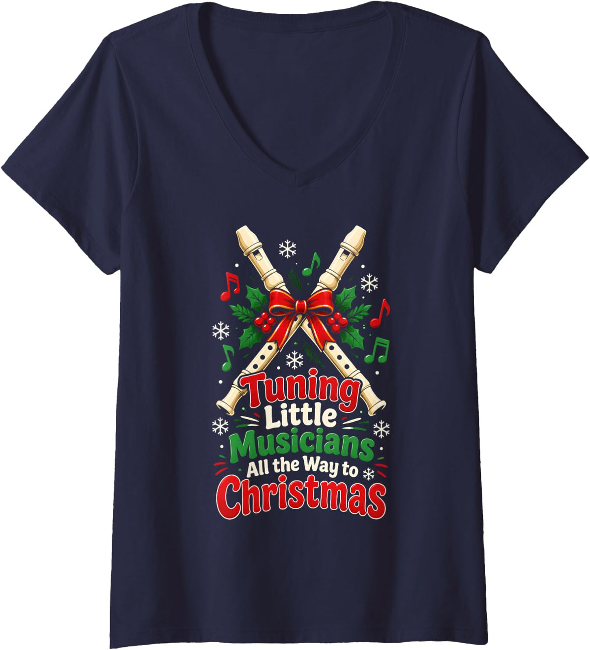 Women's Tuning Little Musicians Music Teacher Christmas Recorder V-Neck T-Shirt - Navy Blue