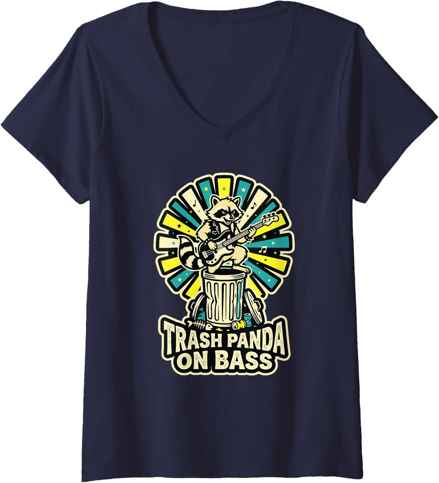 Women's Trash Panda On Bass Musician Bassist Guitar Raccoon Playing V-Neck T-Shirt - Navy Blue