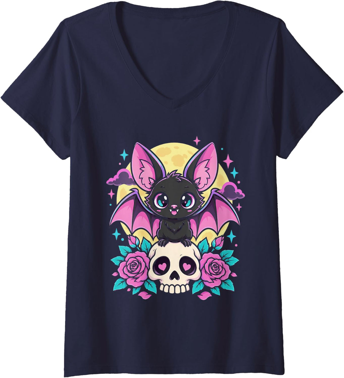 Women's Pastel Goth Kawaii Cute Witch Bat Skull Aesthetic V-Neck T-Shirt - Navy Blue