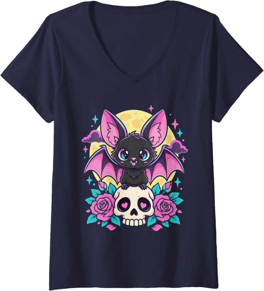 Women's Pastel Goth Kawaii Cute Witch Bat Skull Aesthetic V-Neck T-Shirt - Navy Blue