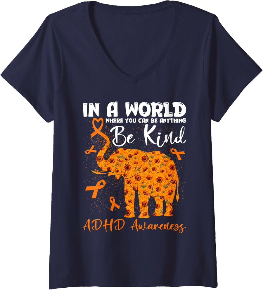 Women's in A World Where You Can Be Anything ADHD Awareness Elephant V-Neck T-Shirt - Navy Blue