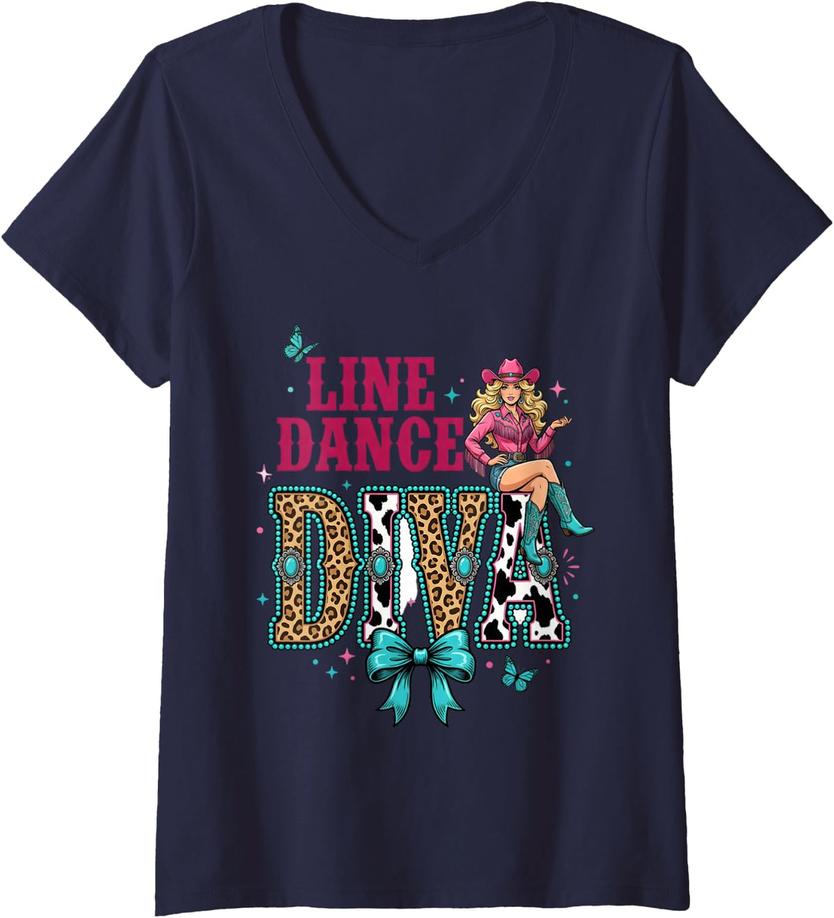 Women's Line Dance Diva Line Dancing Line Dancer V-Neck T-Shirt - Navy Blue