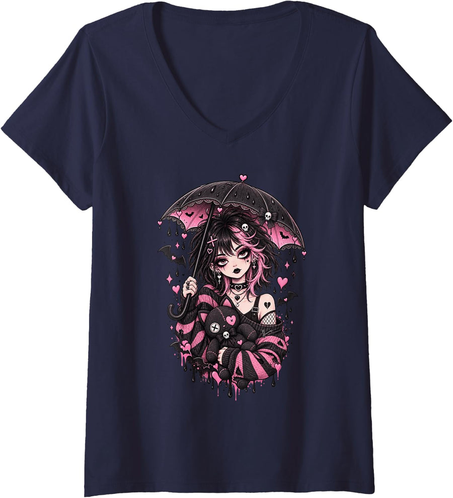 Women's Pastel Goth Girl Black Cat Creepy Cute Alternative Gothic V-Neck T-Shirt - Navy Blue