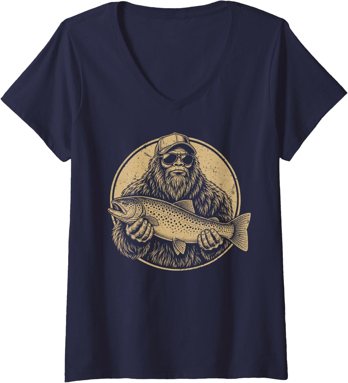Women's Bigfoot Trout Fishing Fisherman Angler Sasquatch Mountain V-Neck T-Shirt - Navy Blue