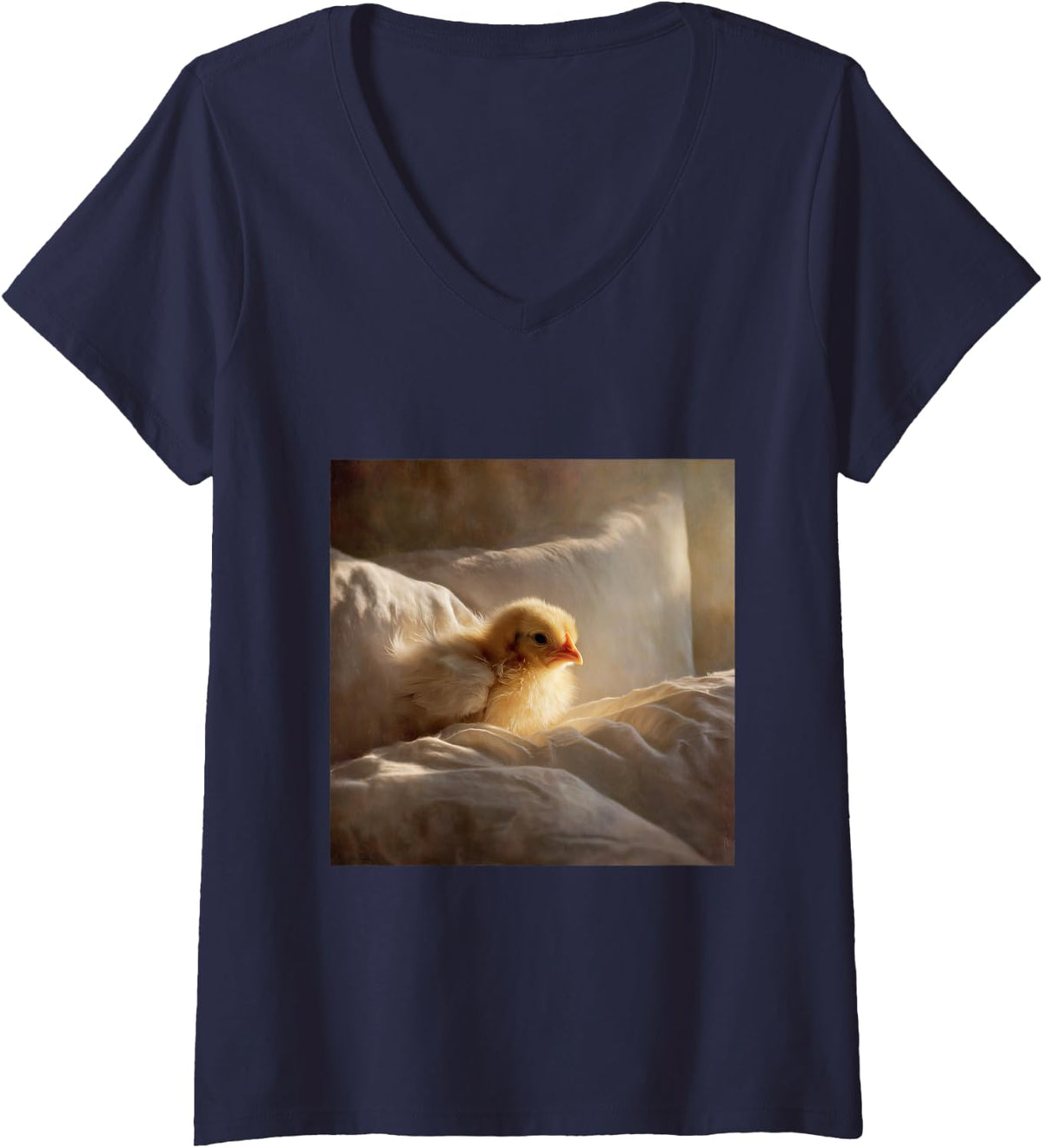 Women's Cute Little Yellow Animal Life V-Neck T-Shirt - Navy Blue
