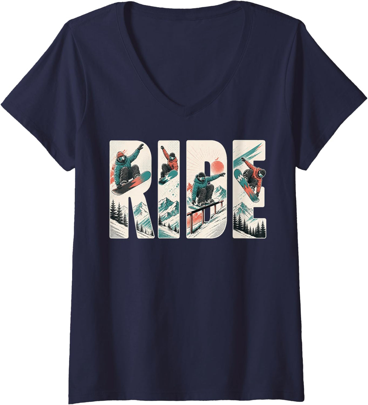 Women's Snowboarder Mountain Rider Snowboarding V-Neck T-Shirt - Navy Blue