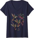 Women's Intricate Decorative Hummingbirds and Fuchsia Flower V-Neck T-Shirt - Navy Blue