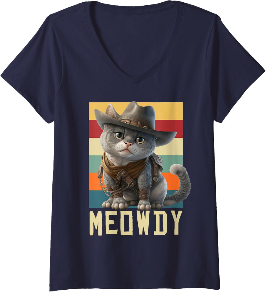 Women's Funny Cowboy Cat Mashup Meow Howdy Kitten Lovers Meme Meowdy V-Neck T-Shirt - Navy Blue