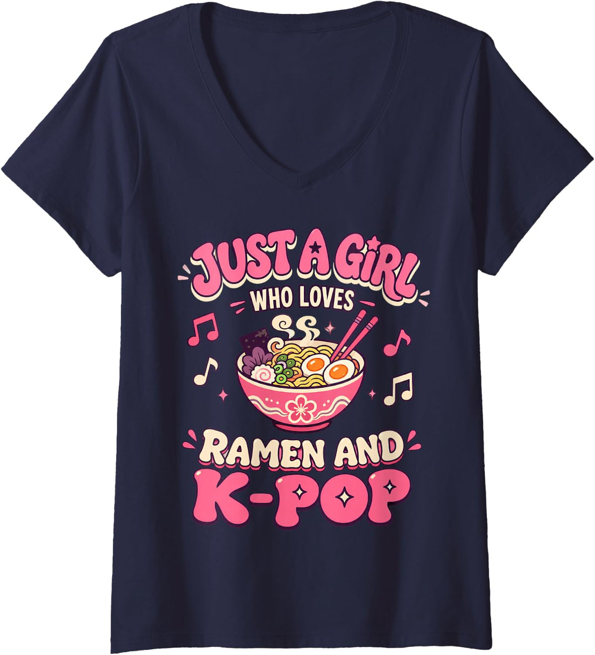 Women's Just A Girl Who Loves Ramen and K-Pop Noodle Music Fan V-Neck T-Shirt - Navy Blue