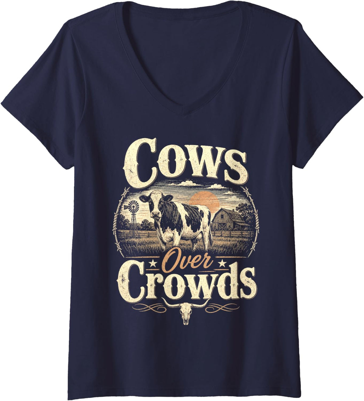 Women's Cows Over Crowds Cow Lover Vintage Farm Life Graphic V-Neck T-Shirt - Navy Blue