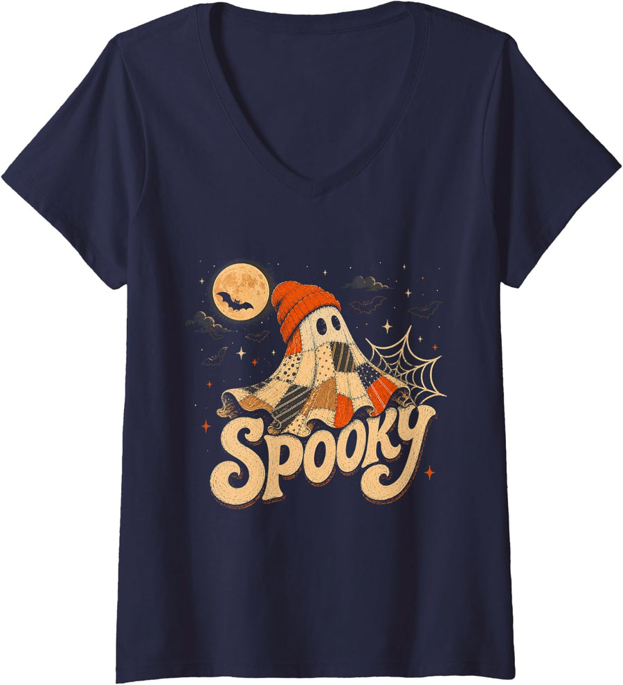 Women's Cute Spooky Patchwork Ghost Halloween Beanie with Moon V-Neck T-Shirt - Navy Blue