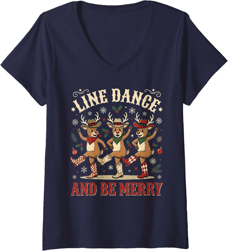 Women's Line Dancing Christmas Reindeer Line Dancer Line Dance V-Neck T-Shirt - Navy Blue