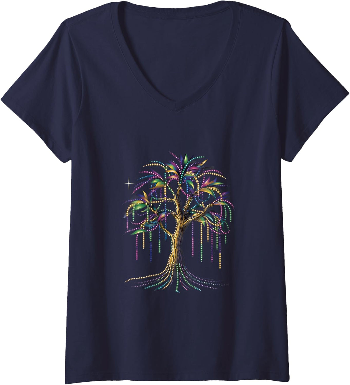Women's Mardi Gras Tree Mardi Gras Beads Carnival Street Parade V-Neck T-Shirt - Navy Blue