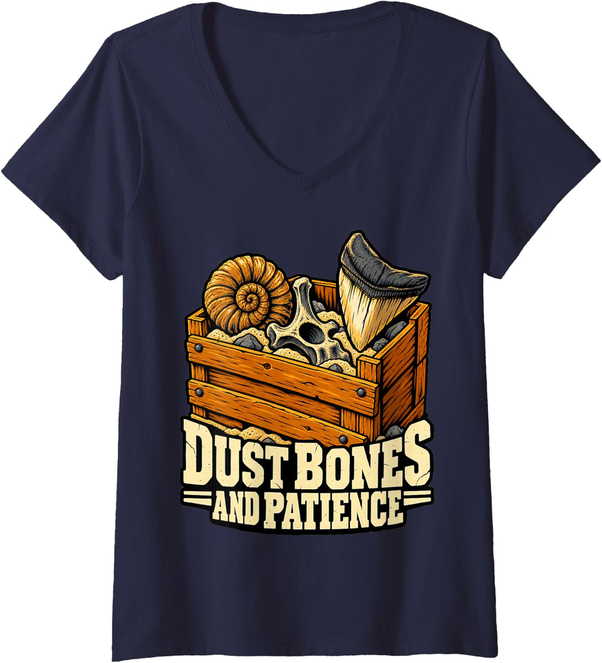 Women's Paleontology Dust Bones and Patience Hunter Crate Fans V-Neck T-Shirt - Navy Blue