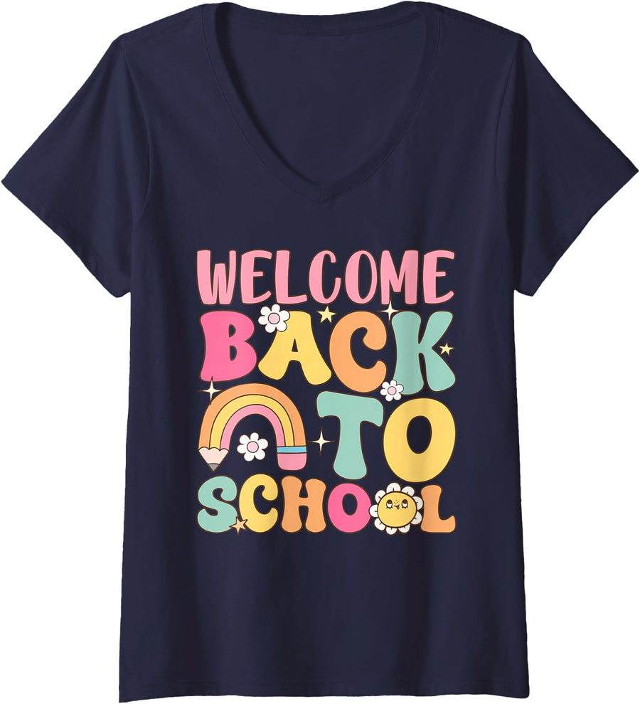 Womens Welcome Back To School Teacher Appreciation Boys Girls V-Neck T-Shirt - Navy Blue