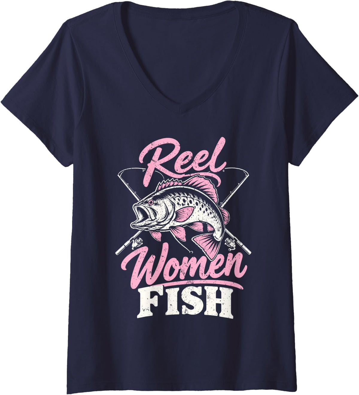 Women's Reel Women Fish Funny Fisherwoman Fishing Angler Bass Fish V-Neck T-Shirt - Navy Blue