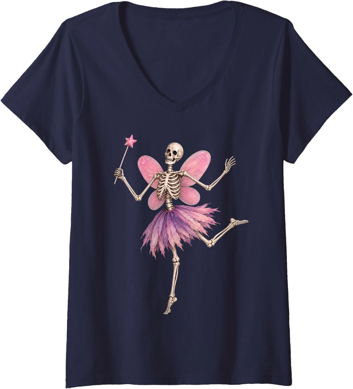 Women's Skeleton Dancing Fairy Halloween Spooky Season Girl Women V-Neck T-Shirt - Navy Blue