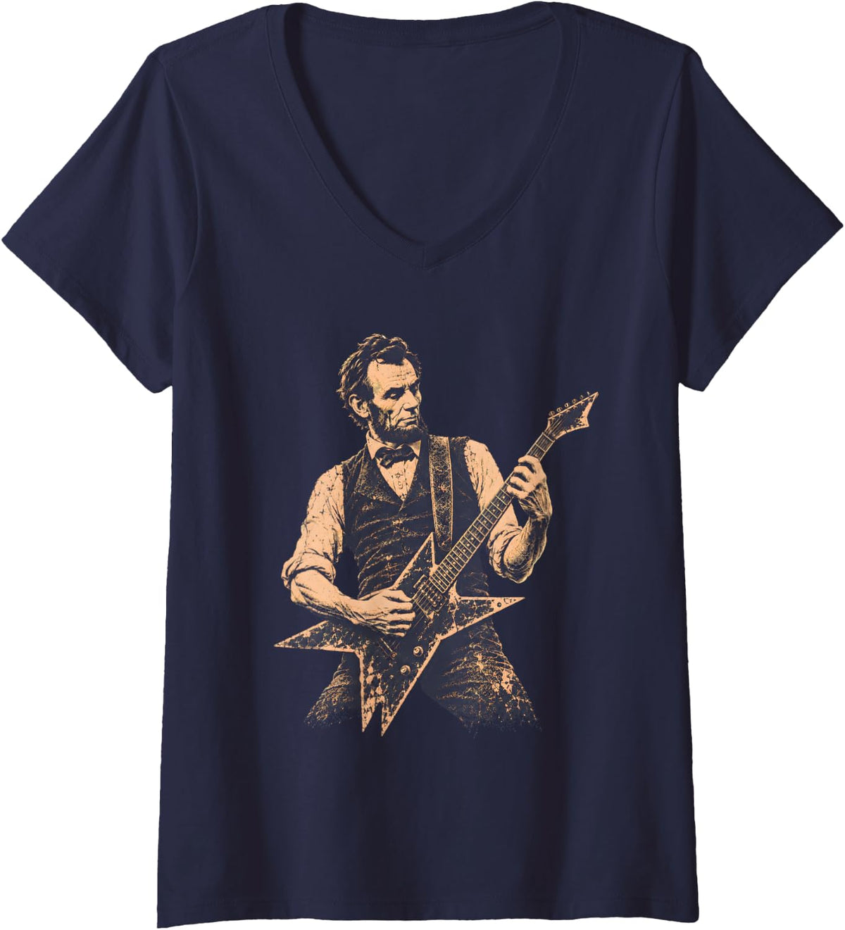 Women's Abraham Lincoln Rocker Funny Electric Guitar Rock History V-Neck T-Shirt - Navy Blue