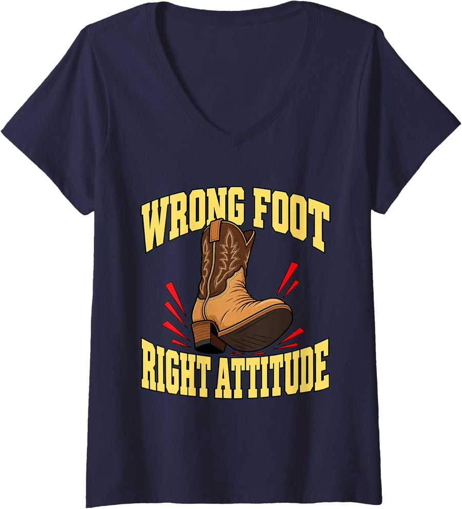 Women's Line Dancing Wrong Foot Right Attitude Western Boot Funny V-Neck T-Shirt - Navy Blue