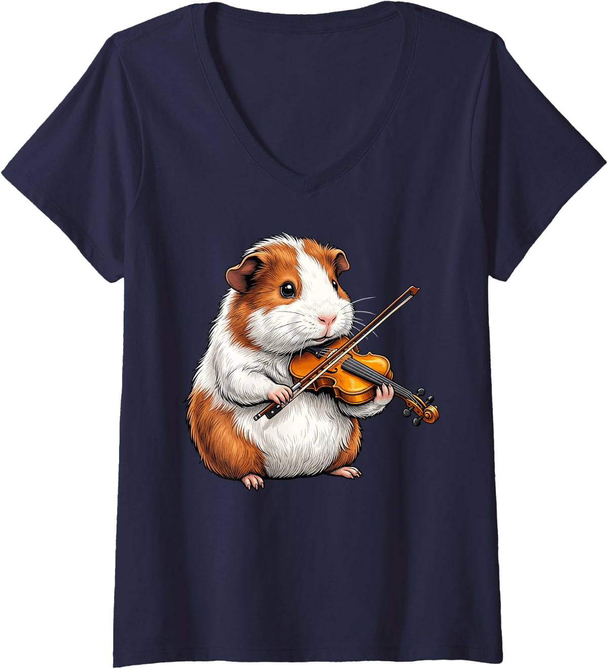 Women's Cute Guinea Pig Playing Violin Funny Violinist Music Lover V-Neck T-Shirt - Navy Blue