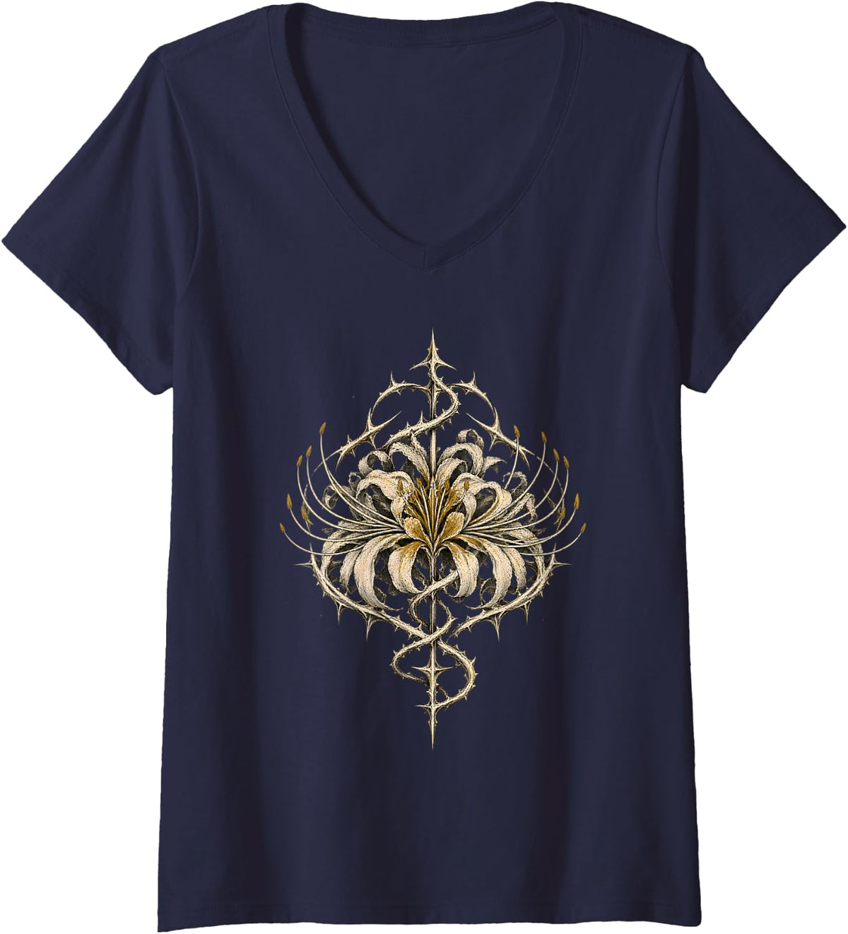 Women's Cyber Goth Clothing Spider Lily Sigil Grunge Alt V-Neck T-Shirt - Navy Blue
