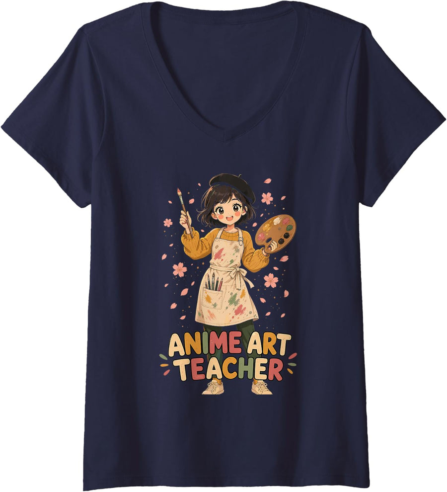 Women's Anime Art Teacher Chibi Kawaii Girl Painter V-Neck T-Shirt - Navy Blue