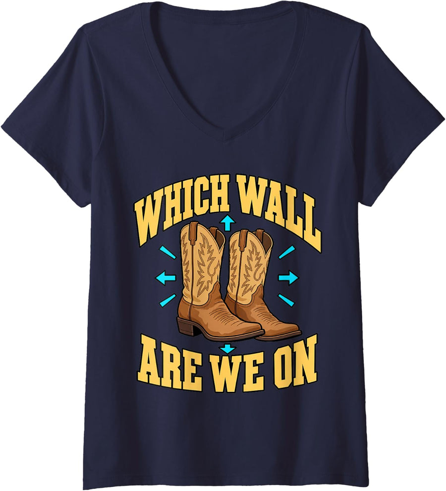 Women's Line Dancing Which Wall are We On Western Boots Funny Dance V-Neck T-Shirt - Navy Blue