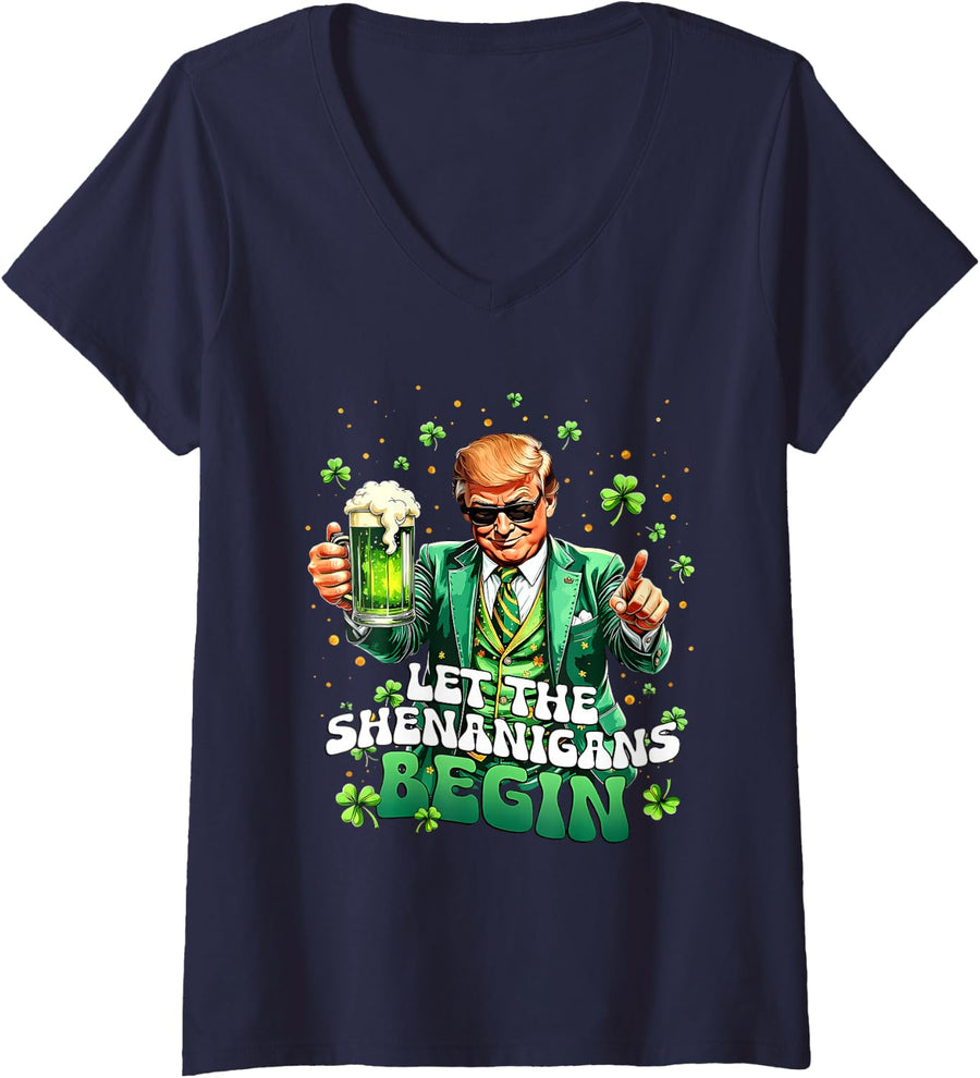 Women's Let The Shenanigans Begin Funny Trump St Patrick's Day V-Neck T-Shirt - Navy Blue