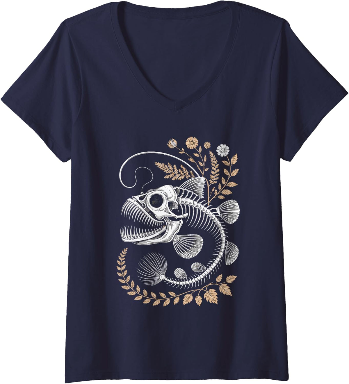 Women's Spooky Deep Ocean Anglerfish Skeleton Line Art V-Neck T-Shirt - Navy Blue