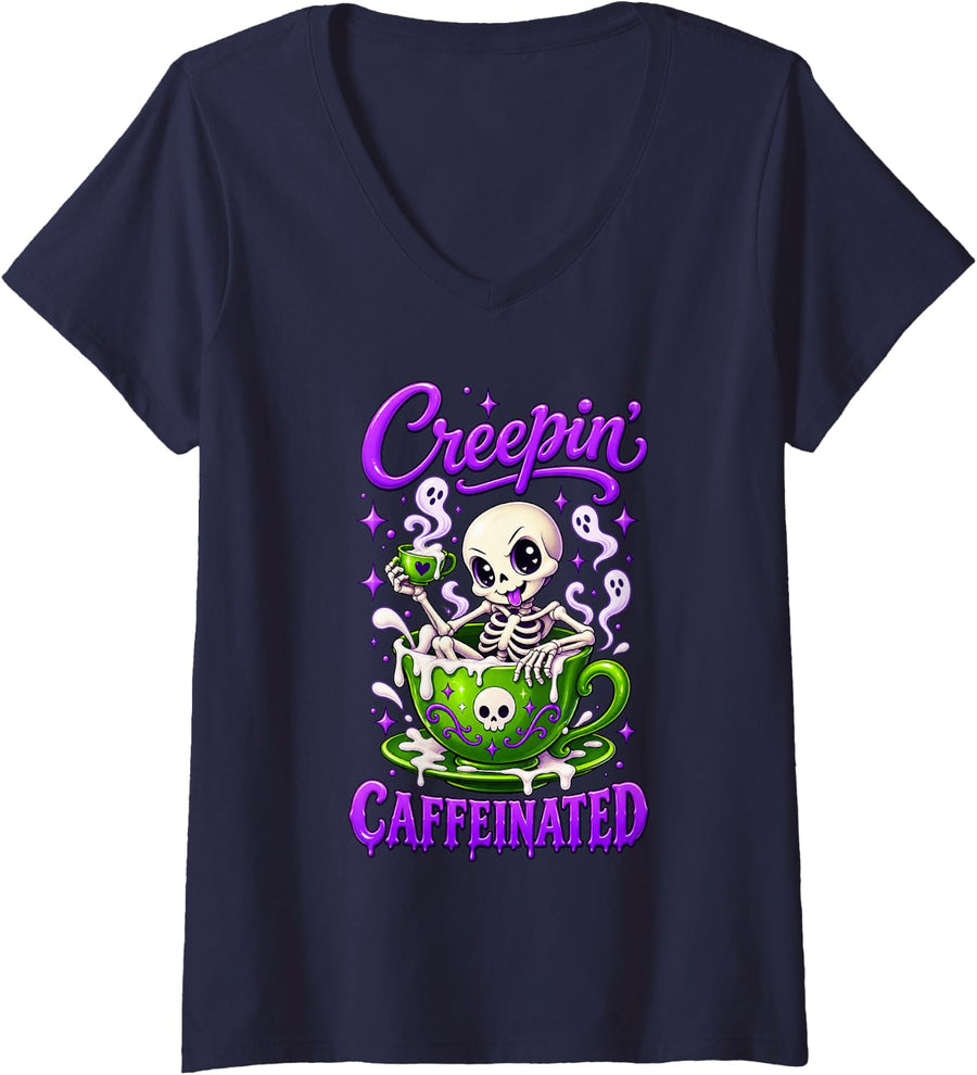 Women's Creepin Caffeinated Cute Skeleton Ghost Coffee Spooky Season V-Neck T-Shirt - Navy Blue