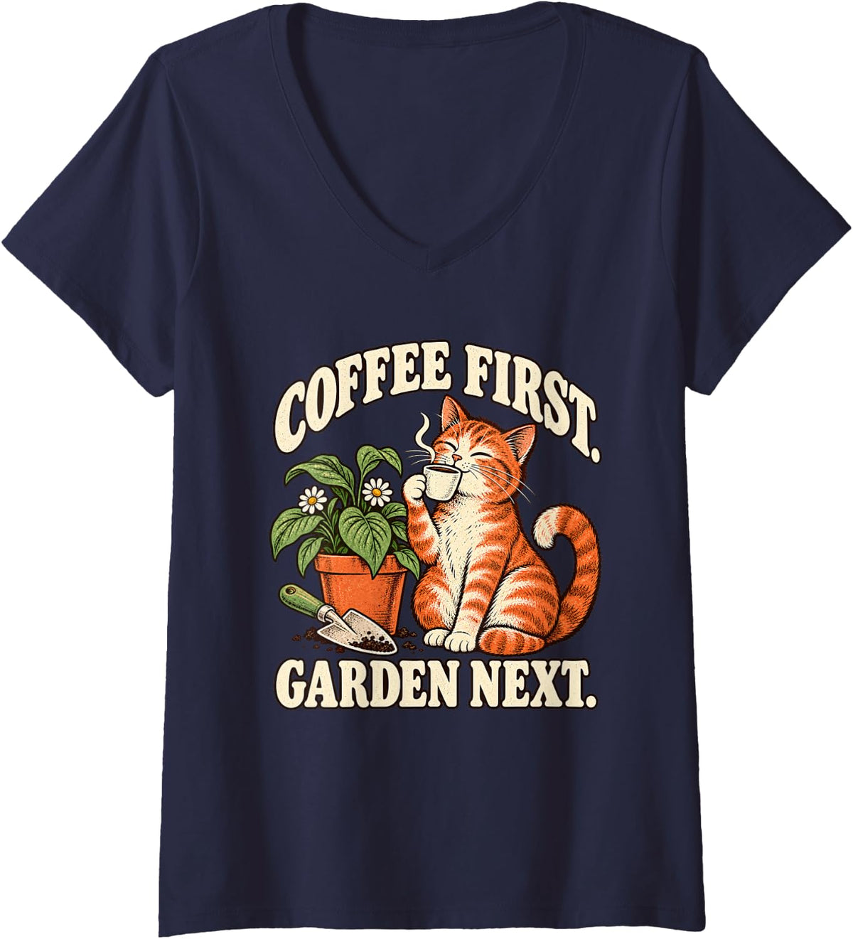 Women's Vintage Cat Coffee Gardening Gift for Gardeners V-Neck T-Shirt - Navy Blue