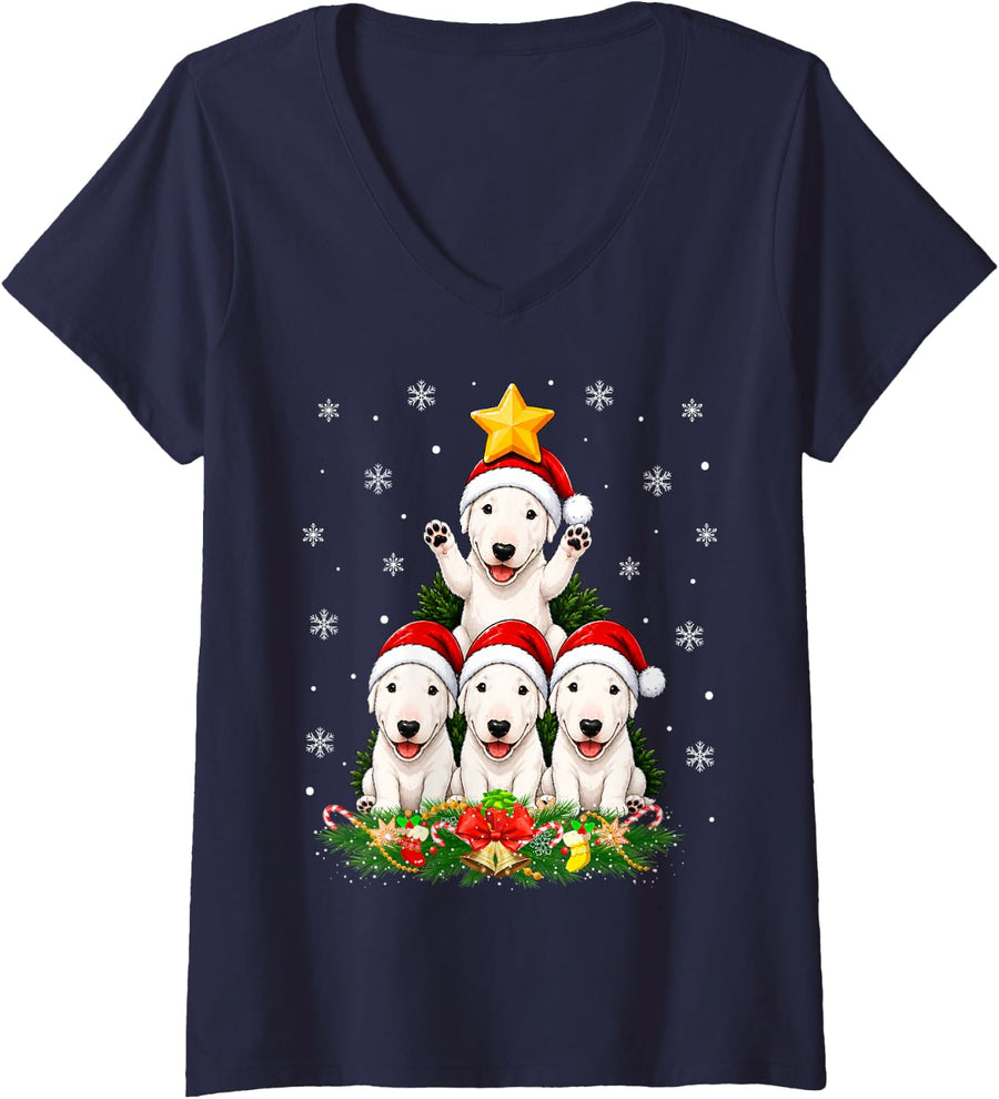 Women's Cute Bull Terrier Dog Christmas Tree Festive Xmas V-Neck T-Shirt - Navy Blue