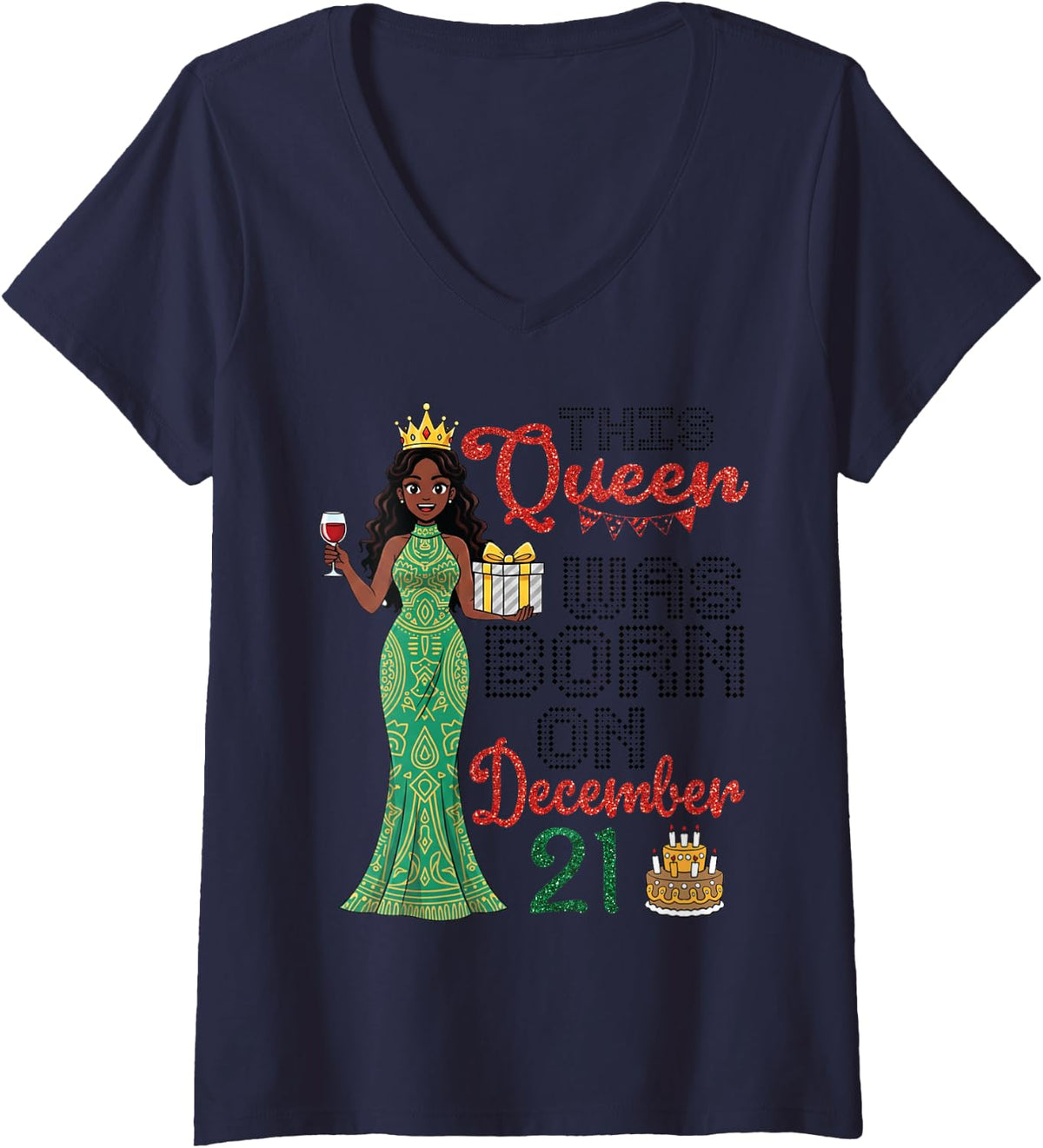 Women's This Queen was Born On December 21 Happy Birthday to Me Girl V-Neck T-Shirt - Navy Blue