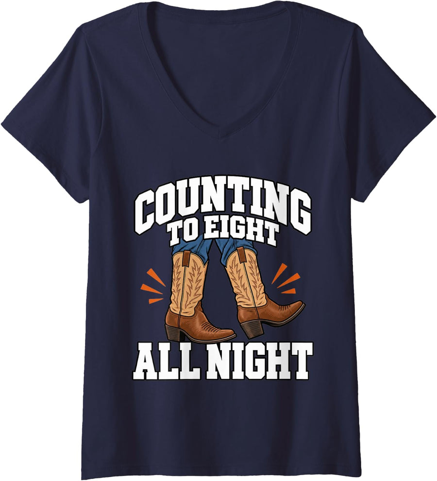 Women's Line Dancing Counting to Eight All Night Boots Funny Western V-Neck T-Shirt - Navy Blue