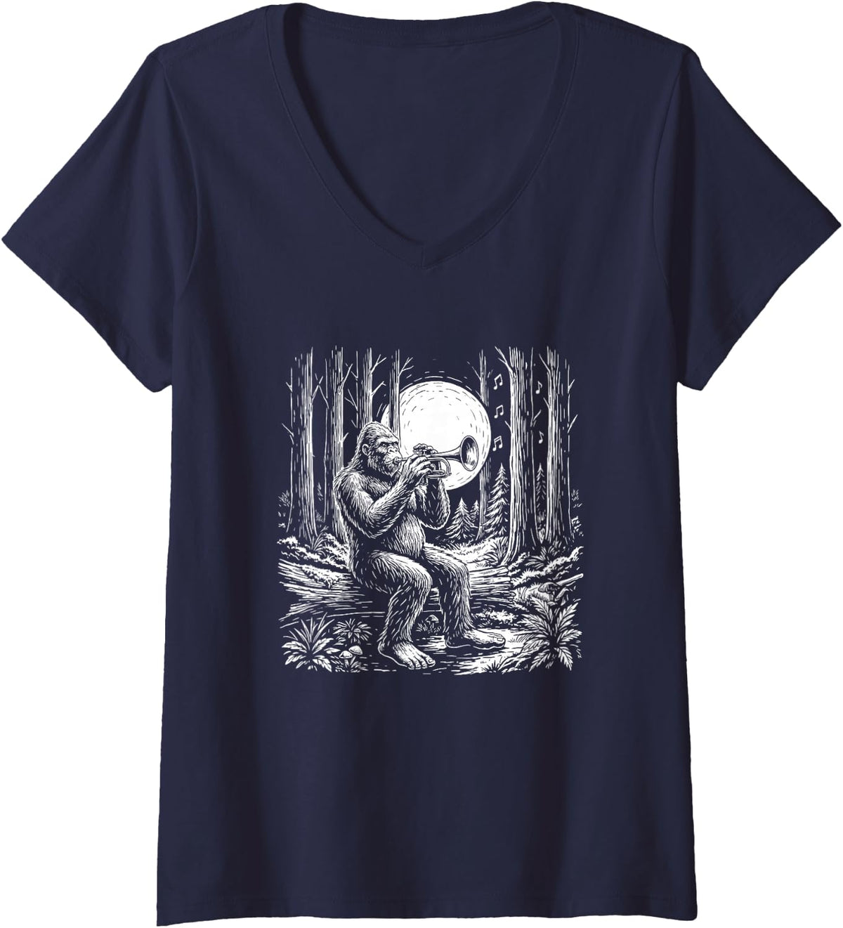 Women's Trumpet Player Sasquatch Big Band Horn Section Bigfoot Humor V-Neck T-Shirt - Navy Blue
