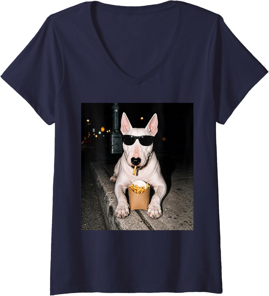 Women's Bull Terrier Fries Fast Food Dog Lovers Design V-Neck T-Shirt - Navy Blue