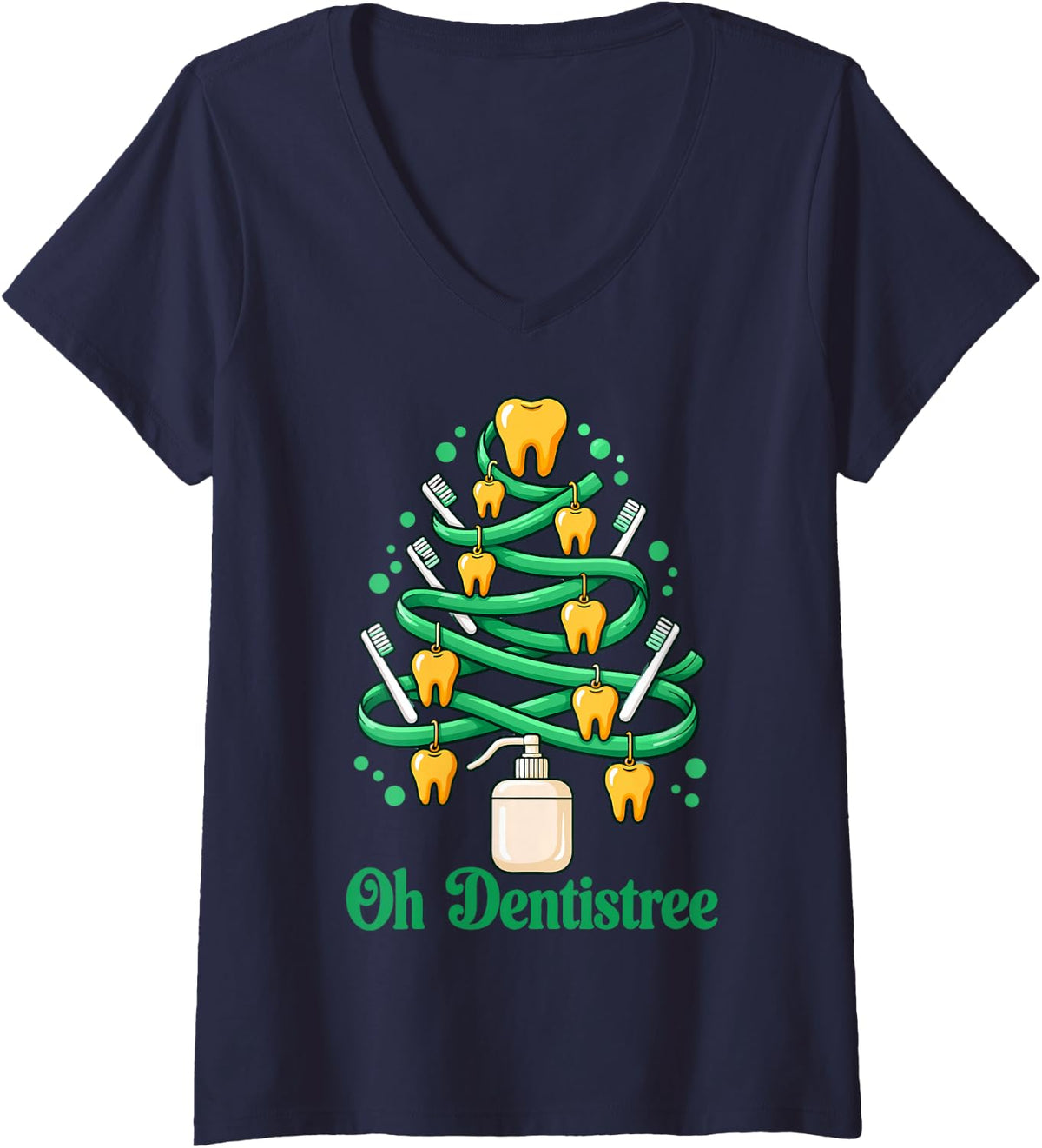 Women's Oh Dentistree Funny Holiday Dental Christmas V-Neck T-Shirt - Navy Blue