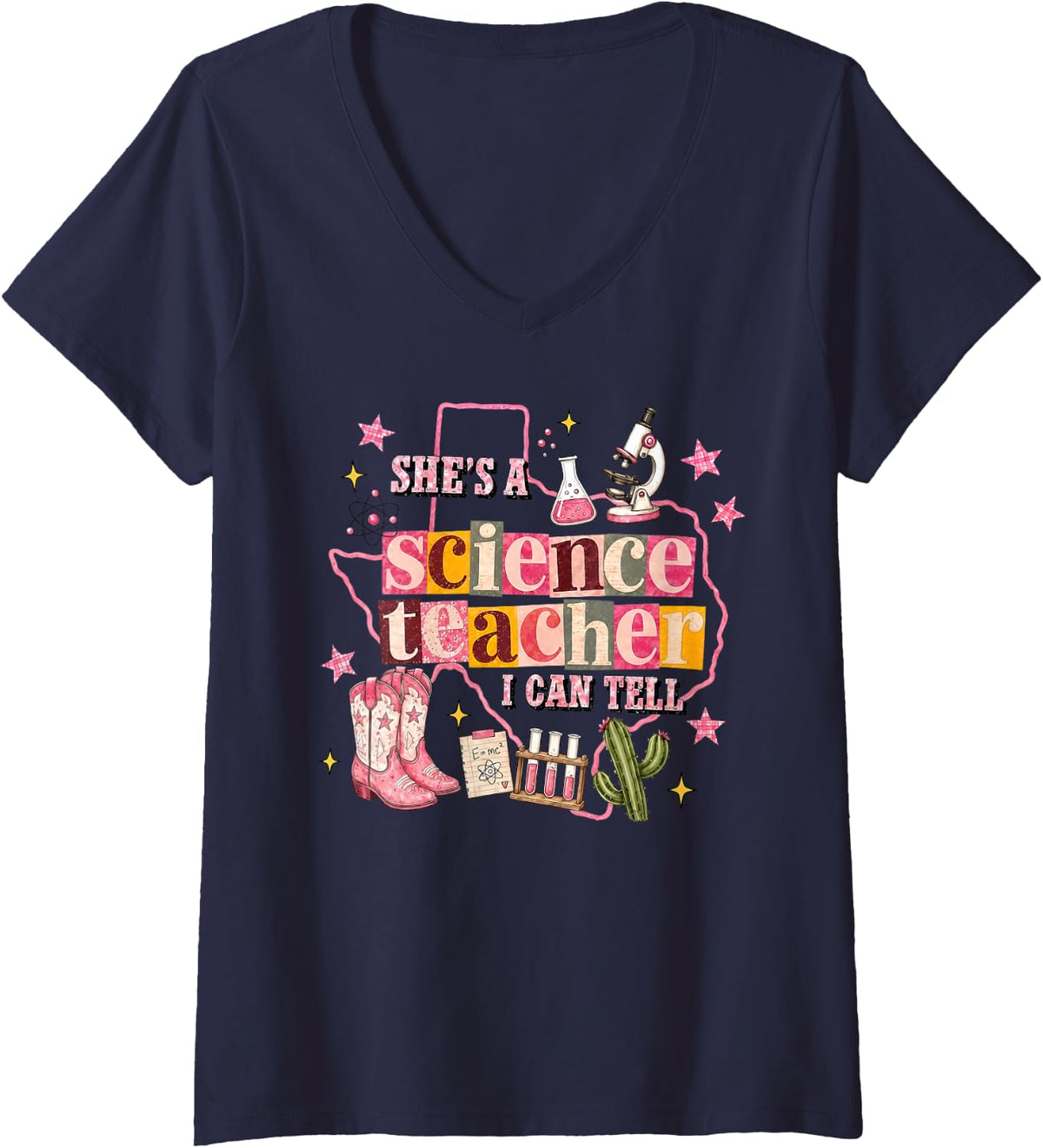Women's She’s A Science Teacher I Can Tell Western Cowgirl Scientist V-Neck T-Shirt - Navy Blue