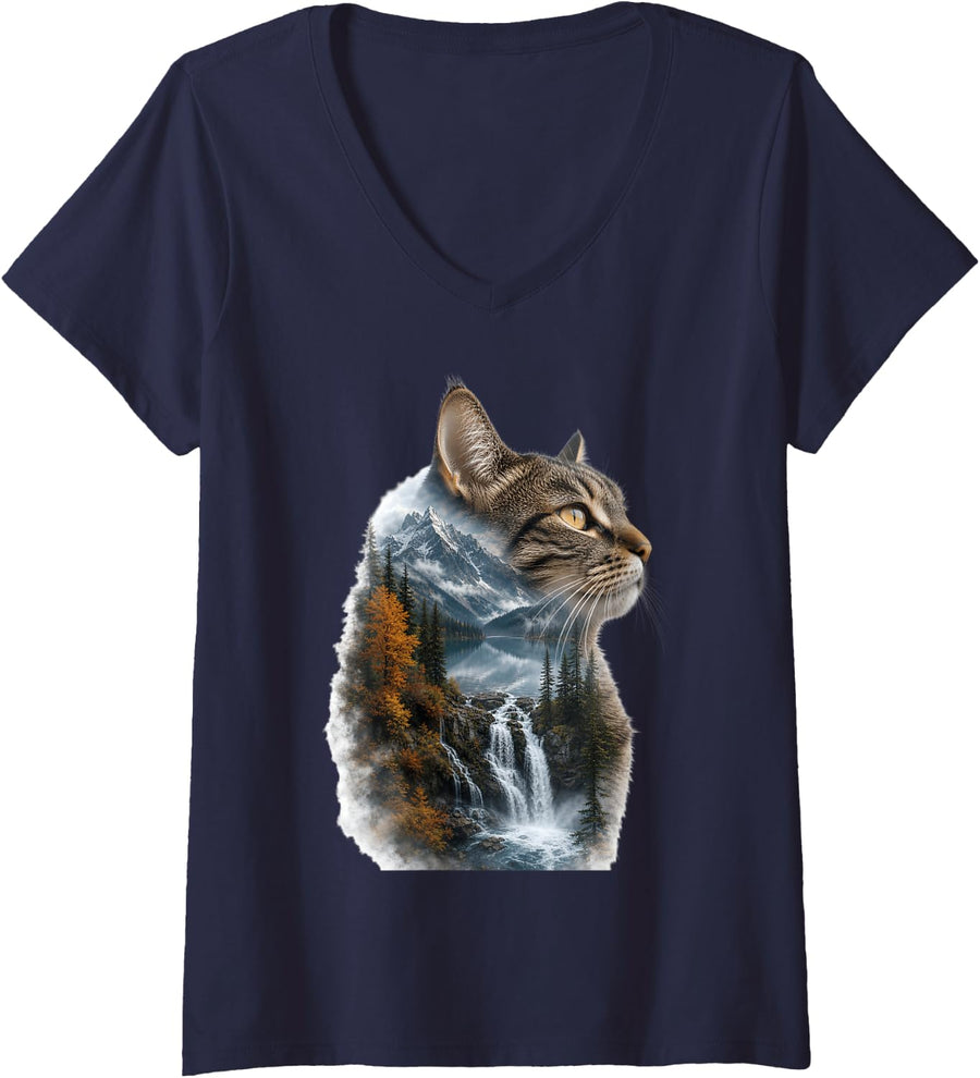 Women's Cat in the Forest with Trees Landscape Waterfall Nature Cats V-Neck T-Shirt - Navy Blue