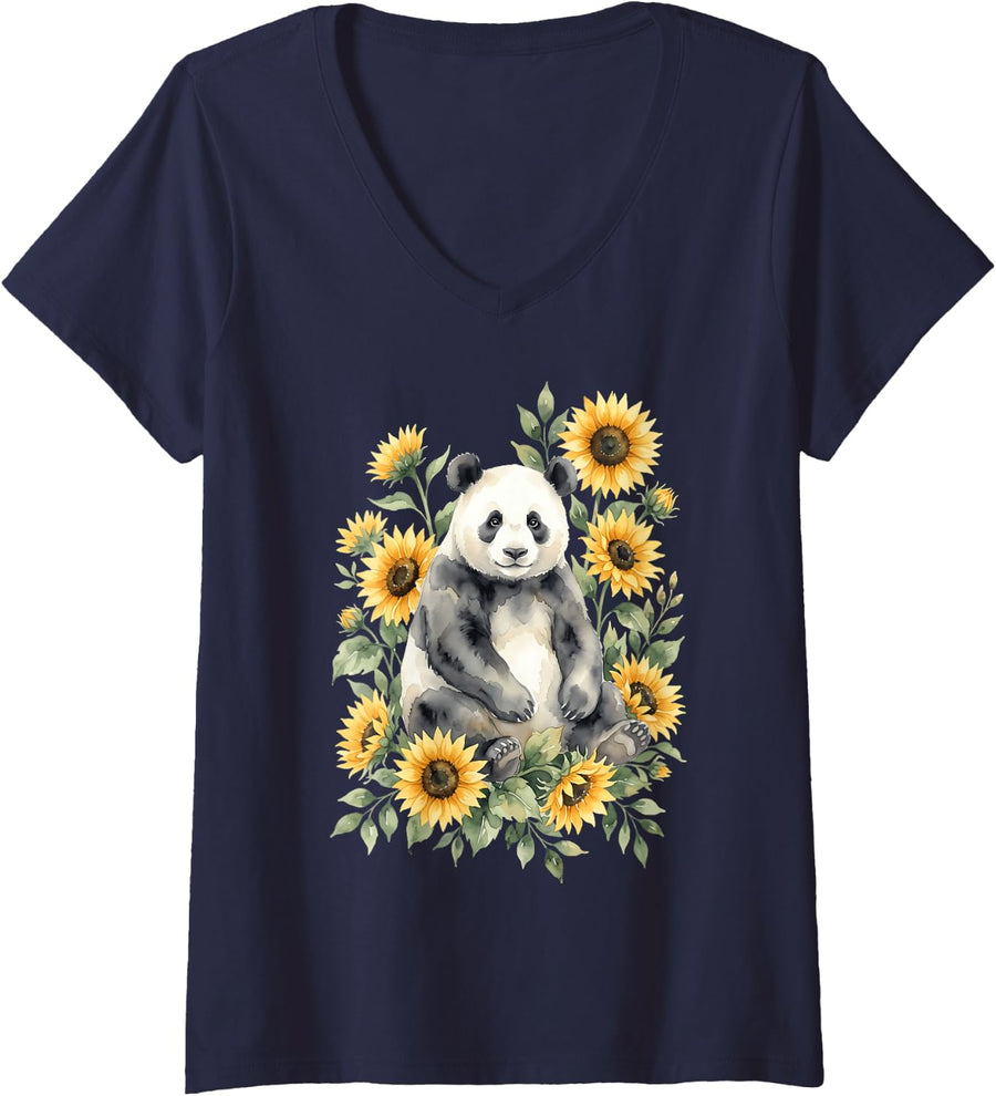 Women's Panda Sunflower Motif Wildlife Panda Bear Animal Lover V-Neck T-Shirt - Navy Blue