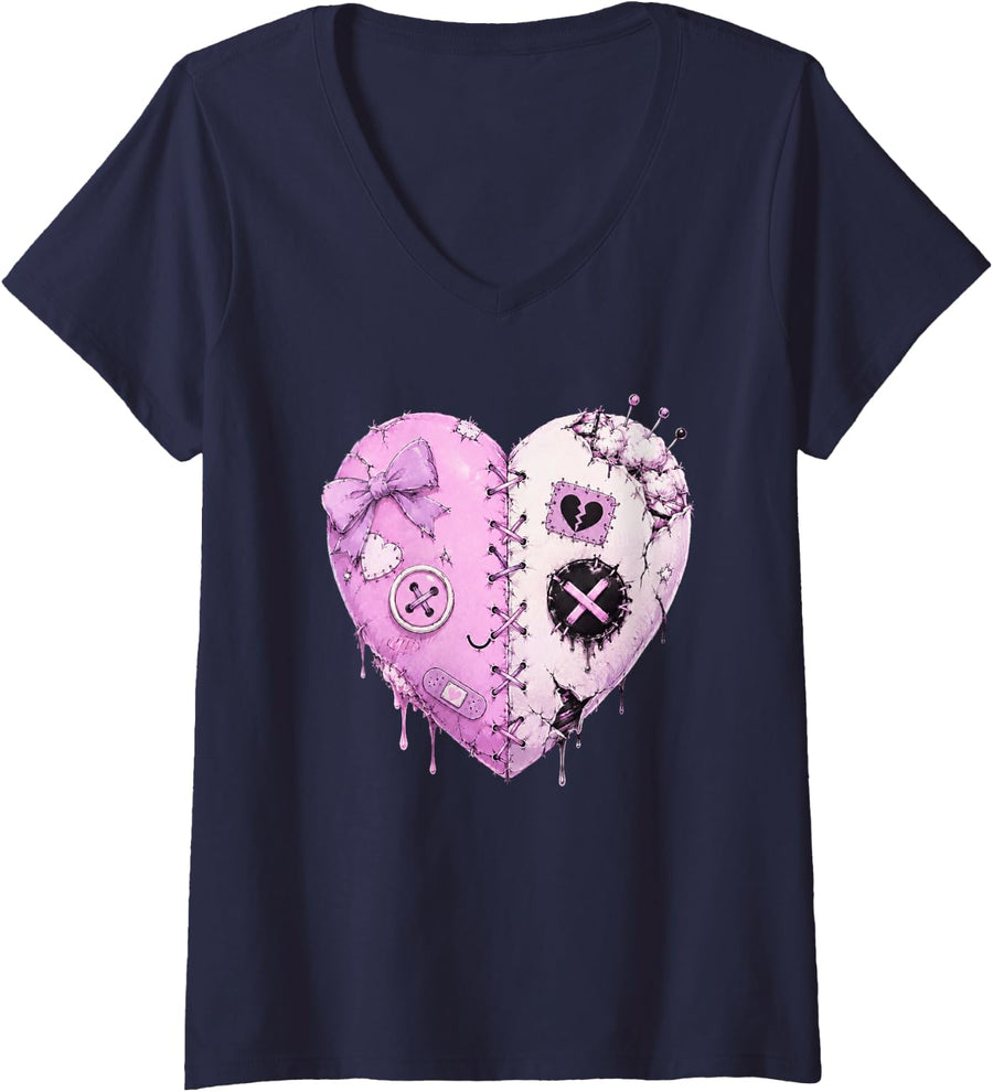 Women's Pastel Goth Heart Women Kids Men Kawaii V-Neck T-Shirt - Navy Blue