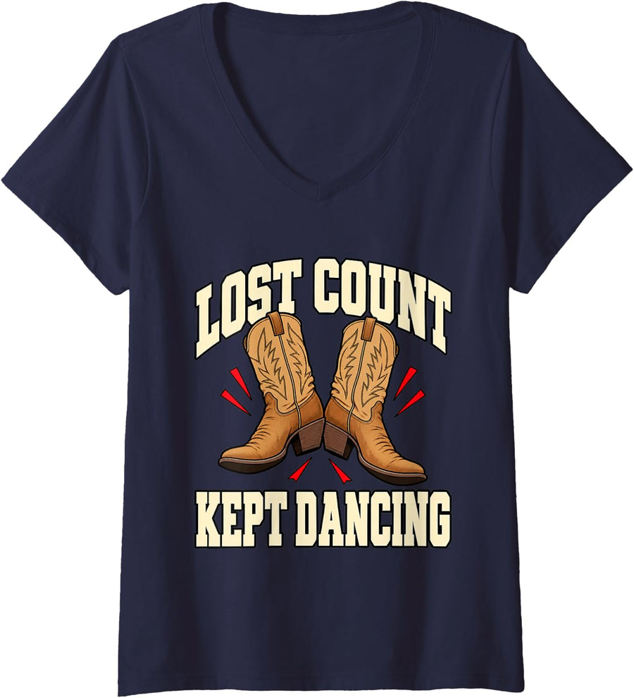 Women's Line Dancing Lost Count Kept Dancing Boots Funny Western V-Neck T-Shirt - Navy Blue