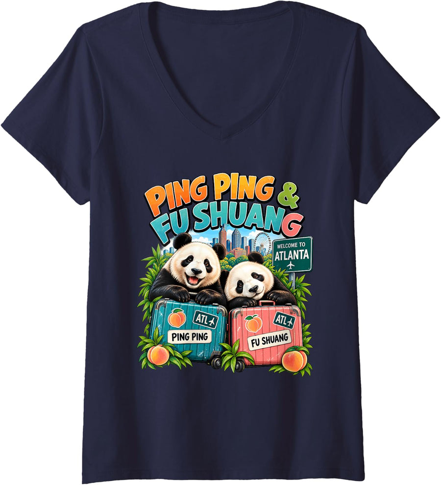 Women's Ping Ping & Fu Shuang Atlanta Panda Crew Cute Panda V-Neck T-Shirt - Navy Blue