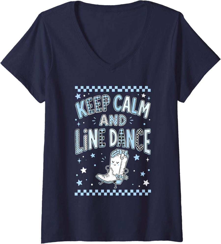 Women's Line Dance Cowboy Boot Line Dancing Line Dancer V-Neck T-Shirt - Navy Blue