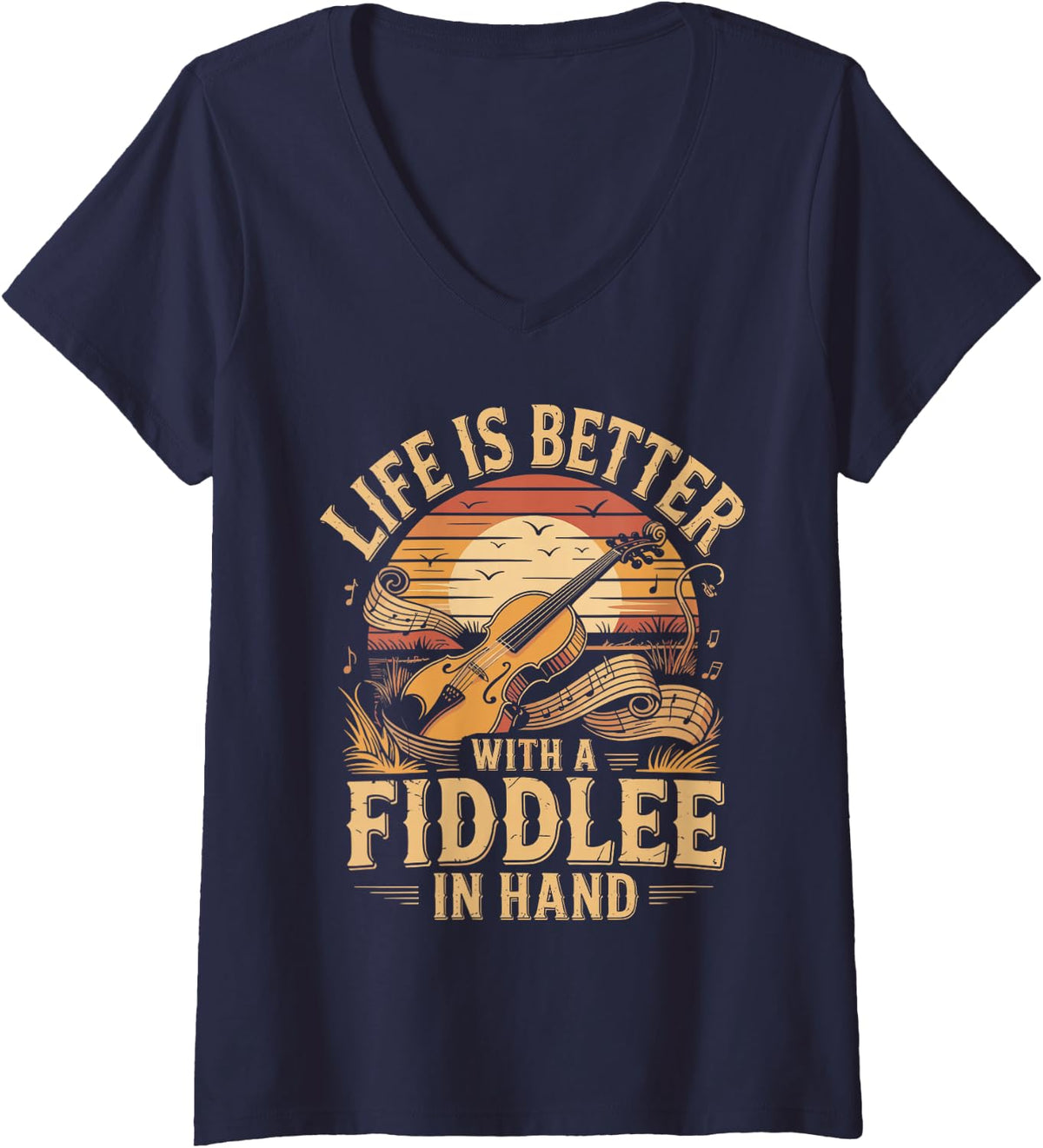 Women's Life is Better with A Fiddle in Hand Country Music V-Neck T-Shirt - Navy Blue