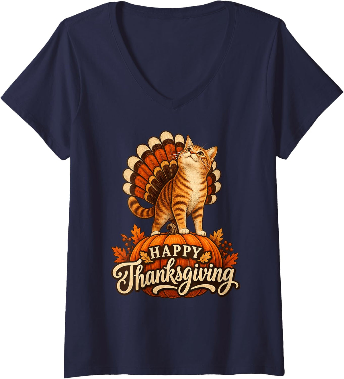 Women's Thanksgiving Cat Turkey Costume Funny Orange Tabby Fall V-Neck T-Shirt - Navy Blue
