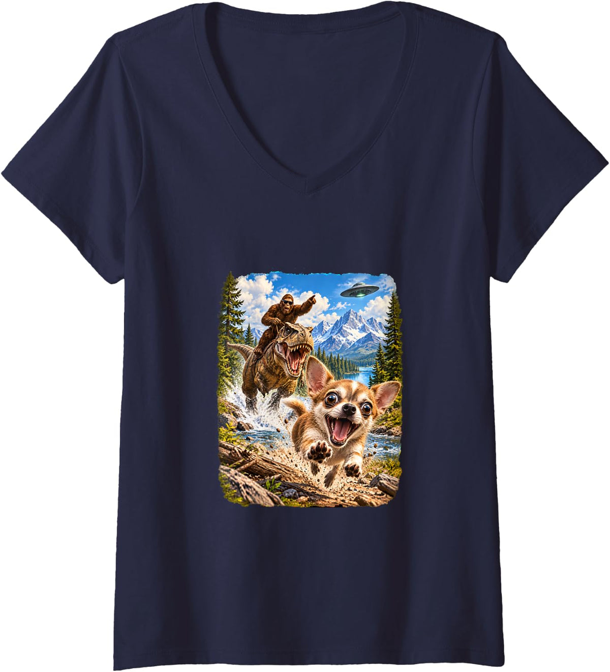 Women's Chihuahua Bigfoot T Rex UFO Selfie Funny Gifts Men Women Kid V-Neck T-Shirt - Navy Blue