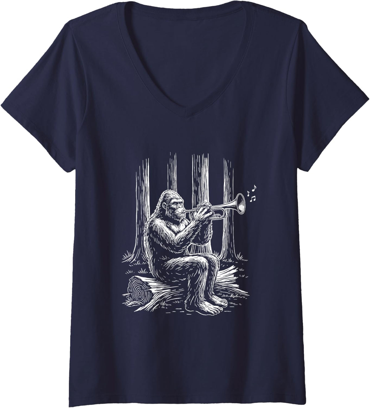 Women's Grooves Trumpet Bigfoot Sasquatch Trumpeter Marching Band V-Neck T-Shirt - Navy Blue