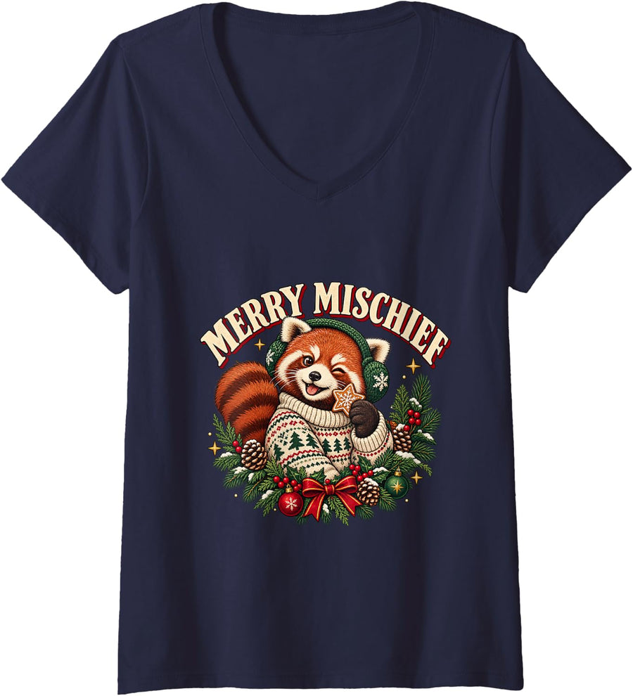 Women's Merry Mischief Red Panda Santa Claus Merry Christmas V-Neck T-Shirt - Navy Blue
